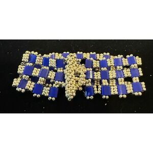 Handmade Womens 6.5" Beaded Cuff Bracelet Blue Silver Geometric Toggle Western